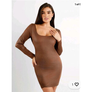 Popilush Faux-Suede Brown Long Sleeve Midi Dress XL NWT Built In Shapewear